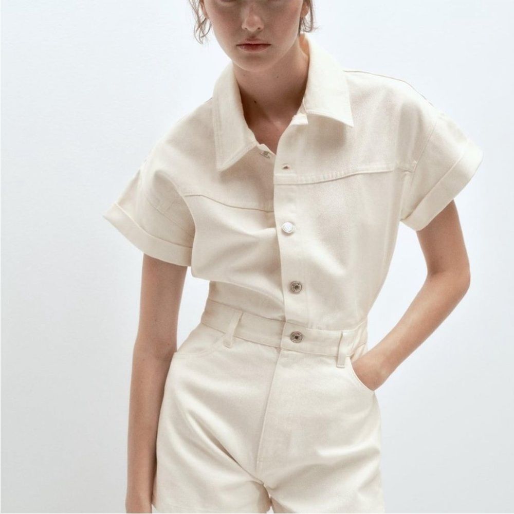 ZARA DENIM TRF SHIMMERY PLAYSUIT Cream size small - Picture 2 of 8